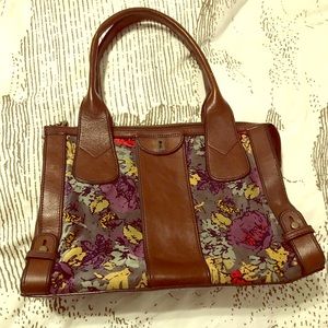 Fossil Vintage Brown Leather Floral Velvet Satchel